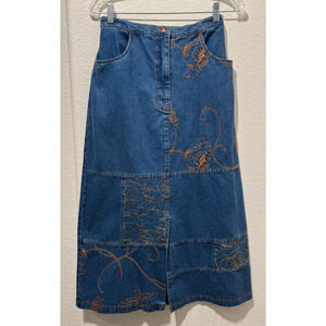 Studio G Women Floral Embroidery Denim Pencil Skirt Front Slits Midi Modest Sz M